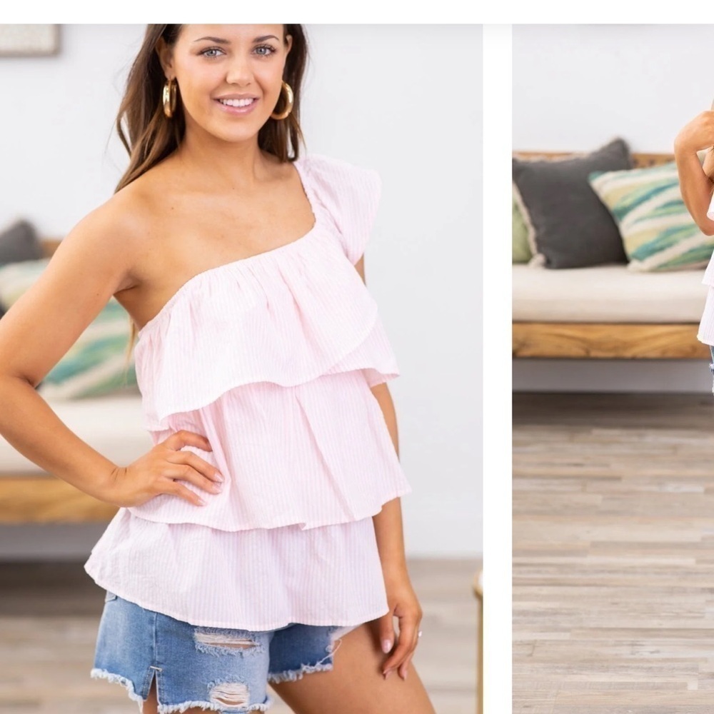 NWT XL Baby Pink and White Pinstripe One
Shoulder Top 100% Cotton